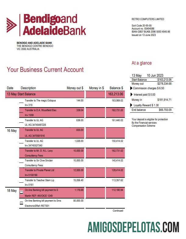 Imprimível Bendigo e Adelaide Bank Company Statement Word And PDF model